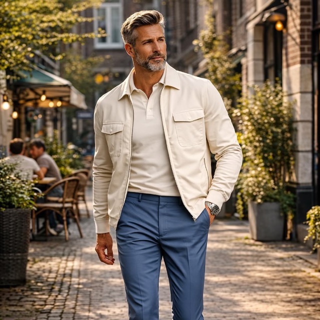 Man met een travel overshirt aan in kleur stone