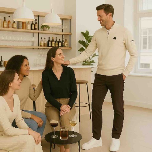 man heeft bruine travel pants aan en staat in een gezellig café met vrienden