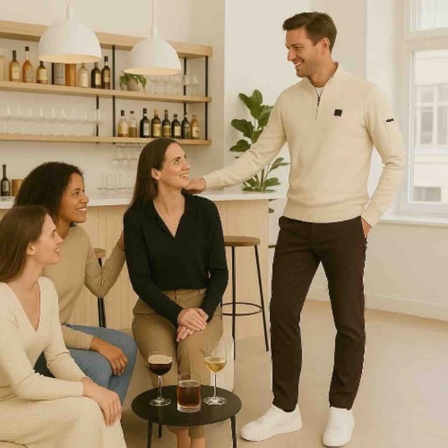 man heeft bruine travel pants aan en staat in een gezellig café met vrienden