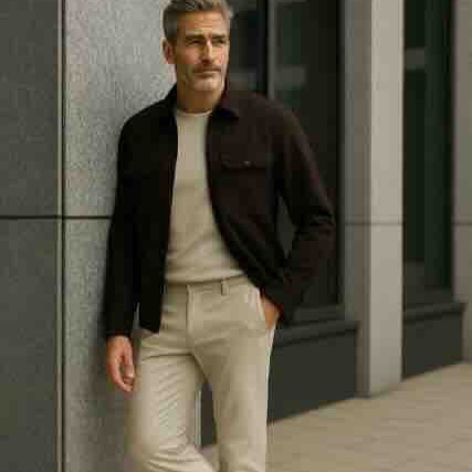 Sportlich-eleganter Stil: Mann trägt North84 Travelhose in neutraler Farbe.