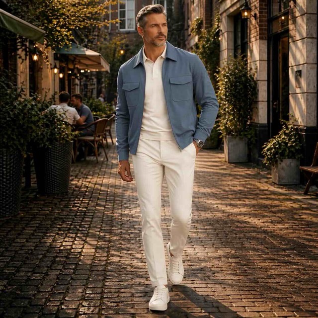 Man met een travel overshirt aan in kleur stone