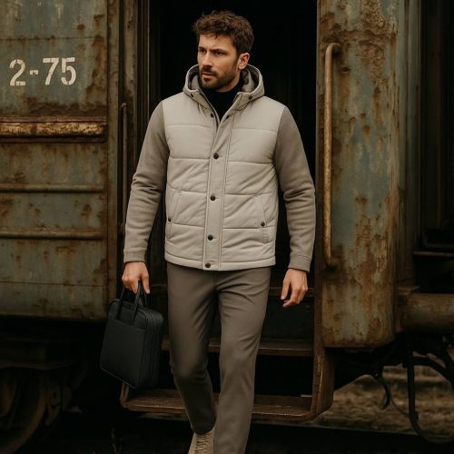 Man met travel pants bonded aan van het merk North84 in de kleur taupe loopt een oud trein wagon uit