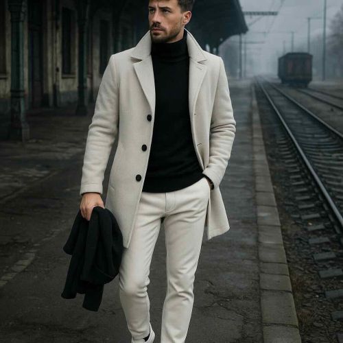 Man met travel pants bonded aan van het merk North84 in de kleur stone op een trein station in de winter met somber weer